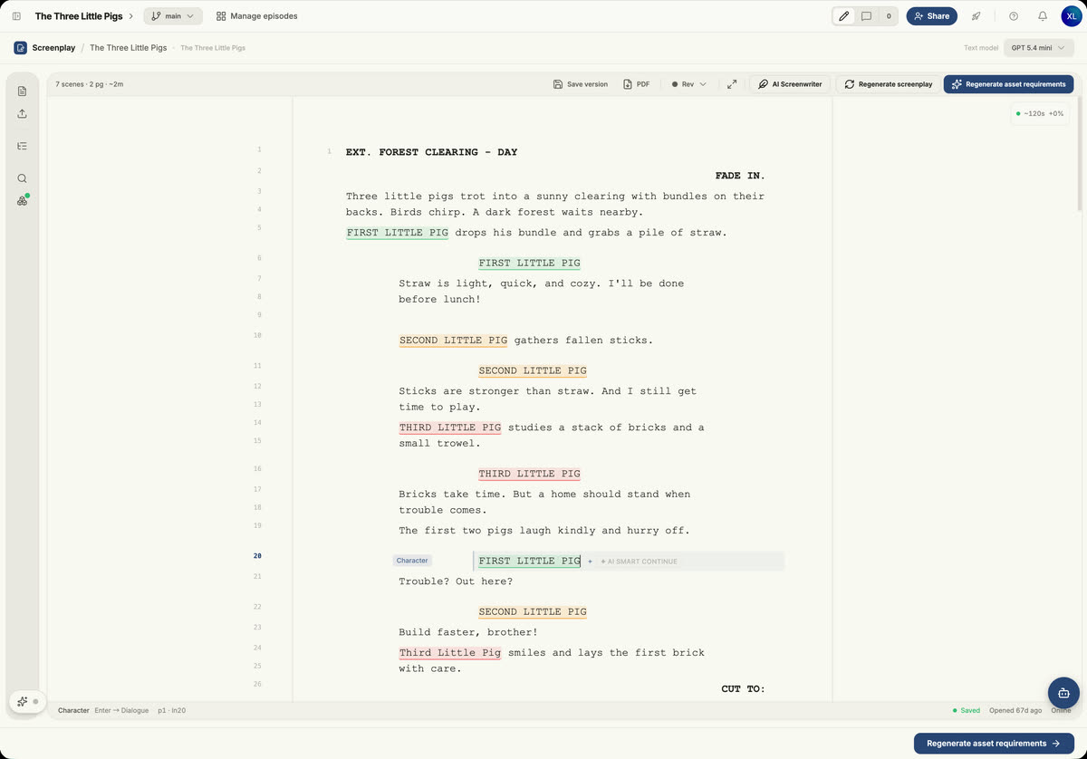Screenplay editor with character-highlighted dialogue and AI Smart Continue, seven scenes across two pages