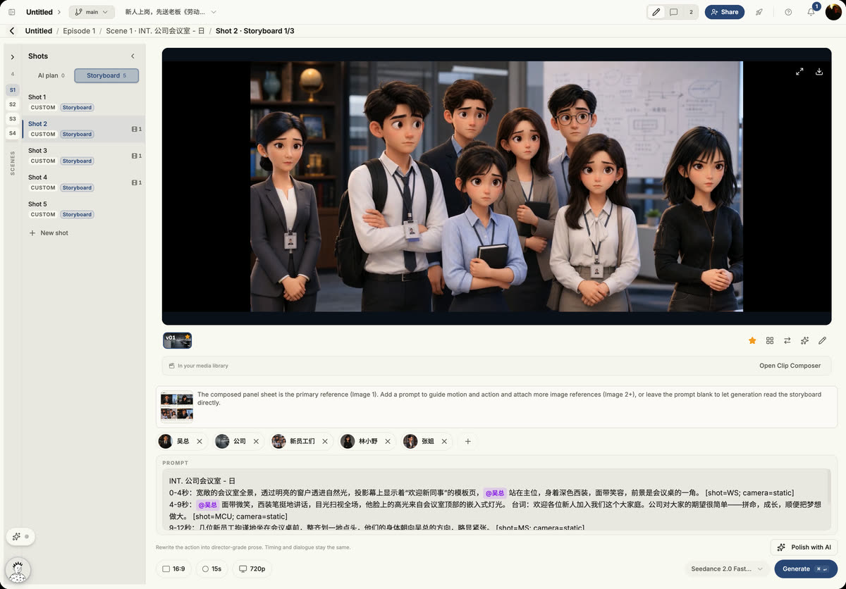 Shot Builder: a five-shot scene with storyboard reference, tagged characters, and a timed generation prompt