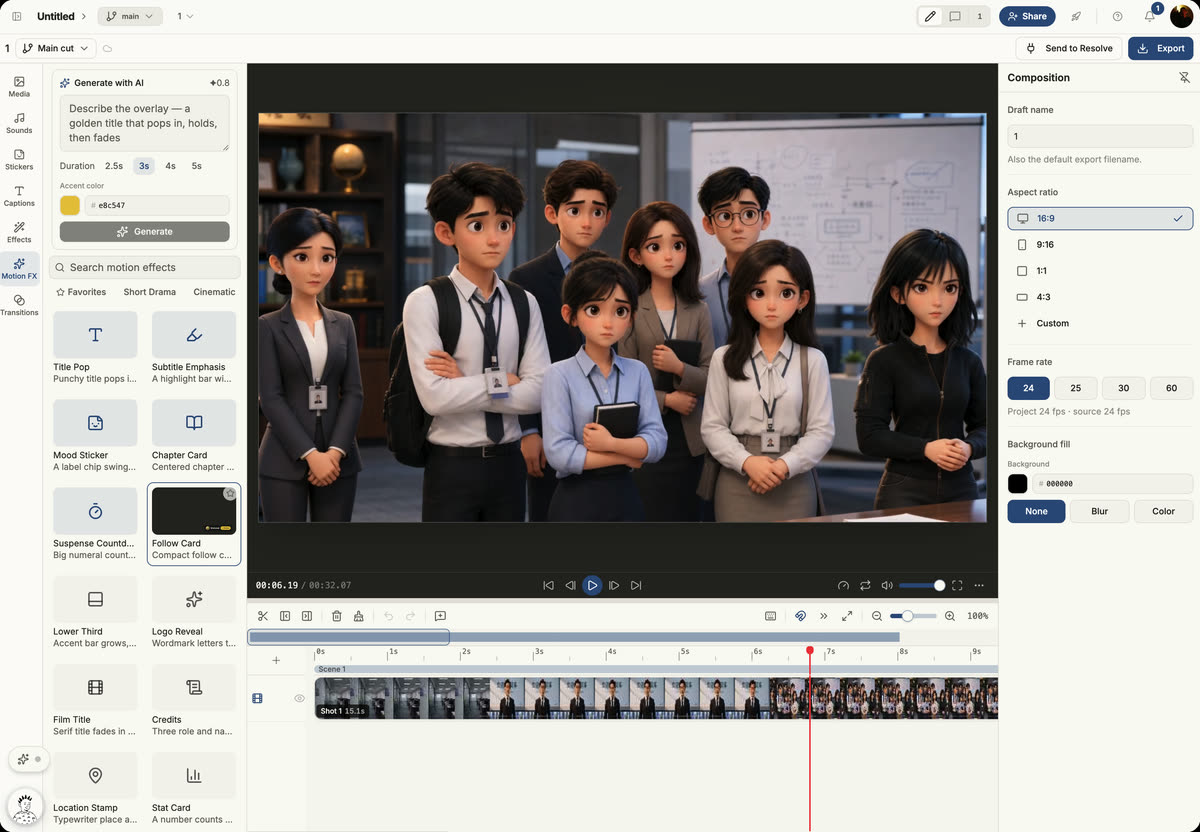 Clip Composer: the main cut on a 24 fps timeline with motion effects and Send to Resolve