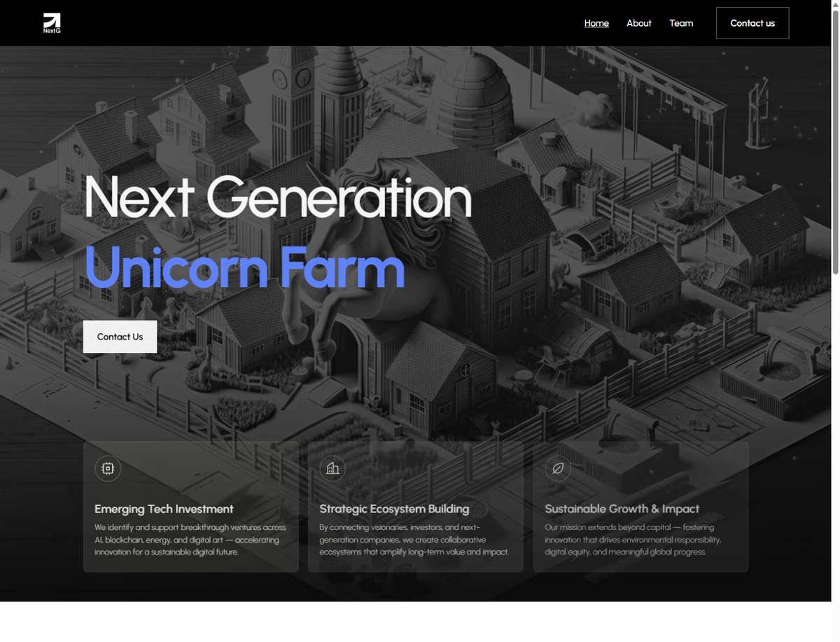 Screenshot of the nextgfund.com homepage: &ldquo;Next Generation Unicorn Farm&rdquo; hero over an isometric farm scene, with three feature cards below on tech investment, ecosystem building and sustainable growth