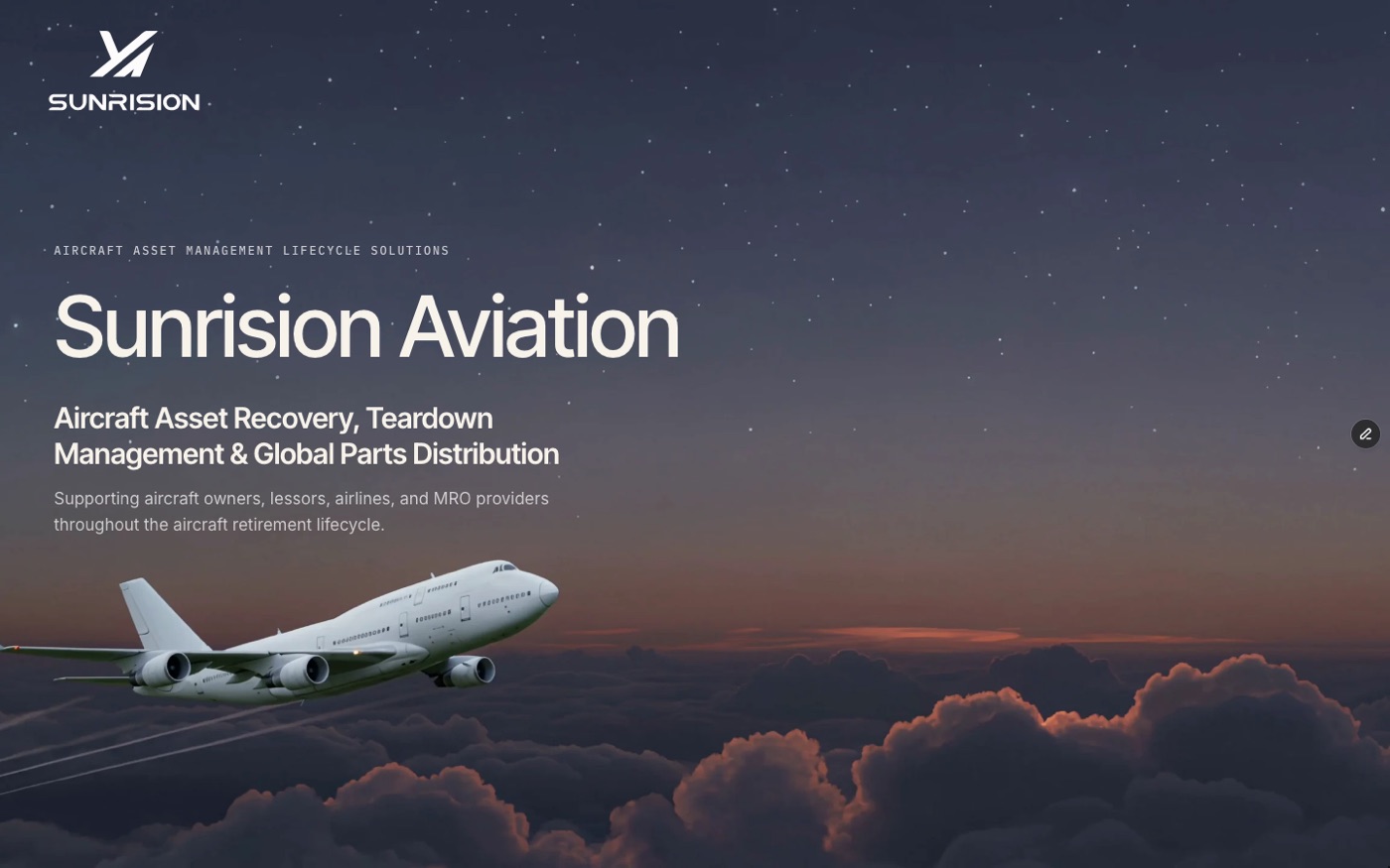 Screenshot of the Sunrision Aviation website homepage