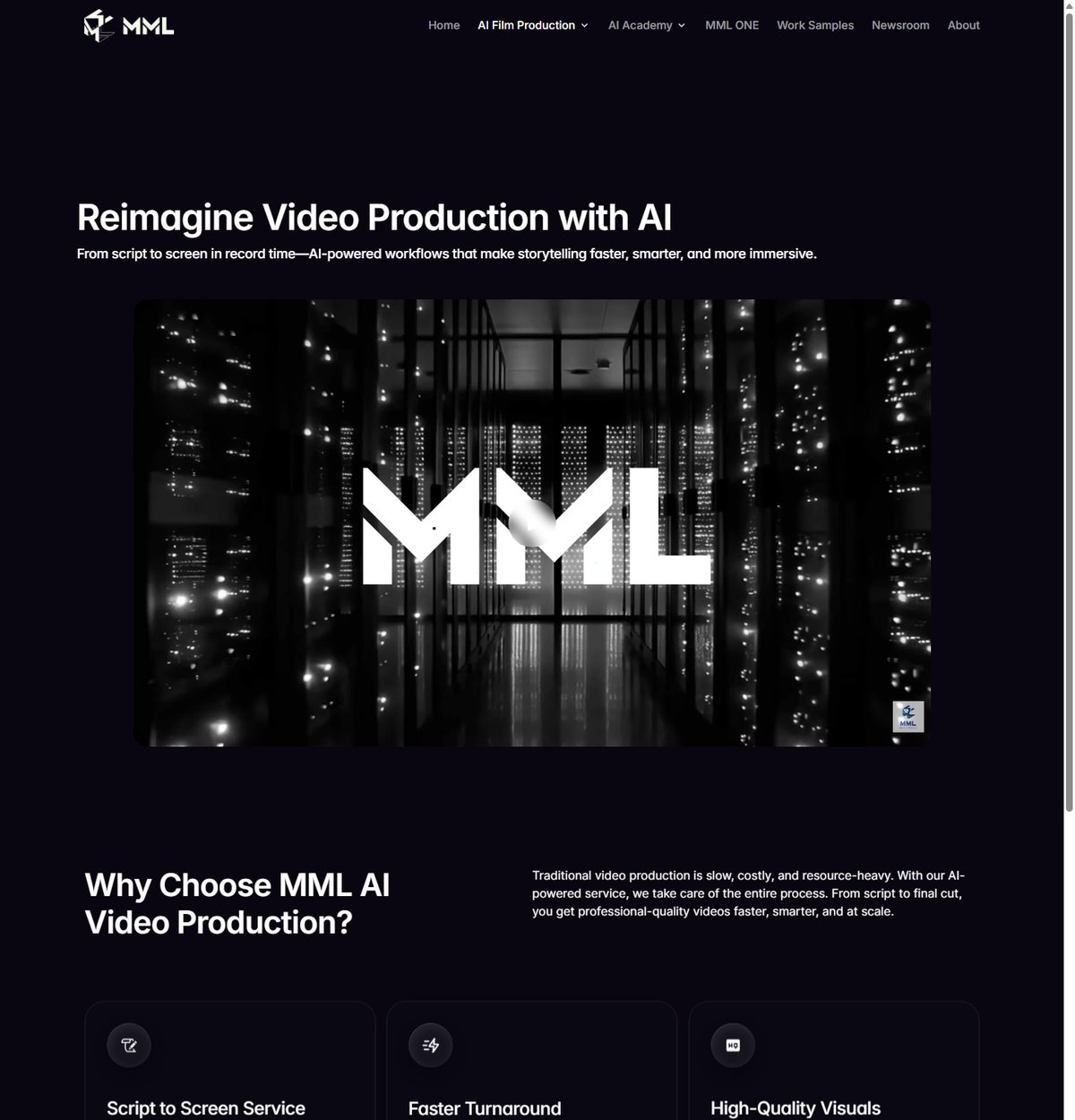 The AI Film Production page on themml.ca: dark hero with the MML wordmark over a server-room video