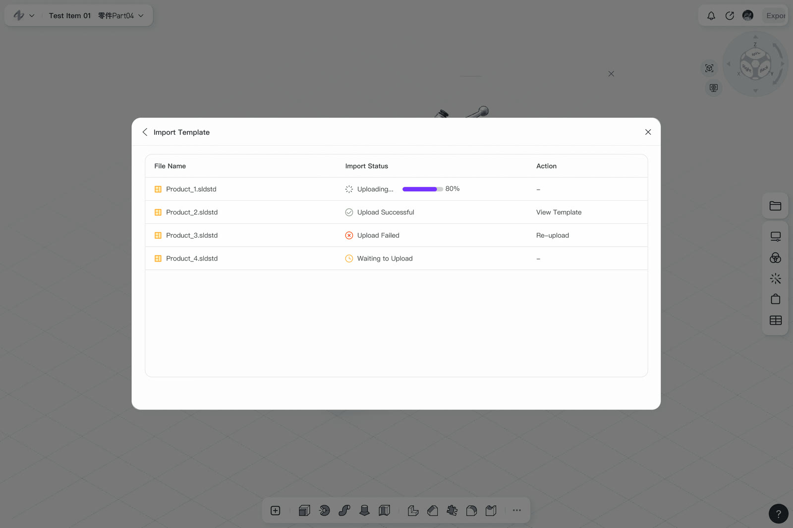 Import Template dialog with per-file status: one file uploading at 80 percent with a progress bar, one successful, one failed with a re-upload action, one waiting