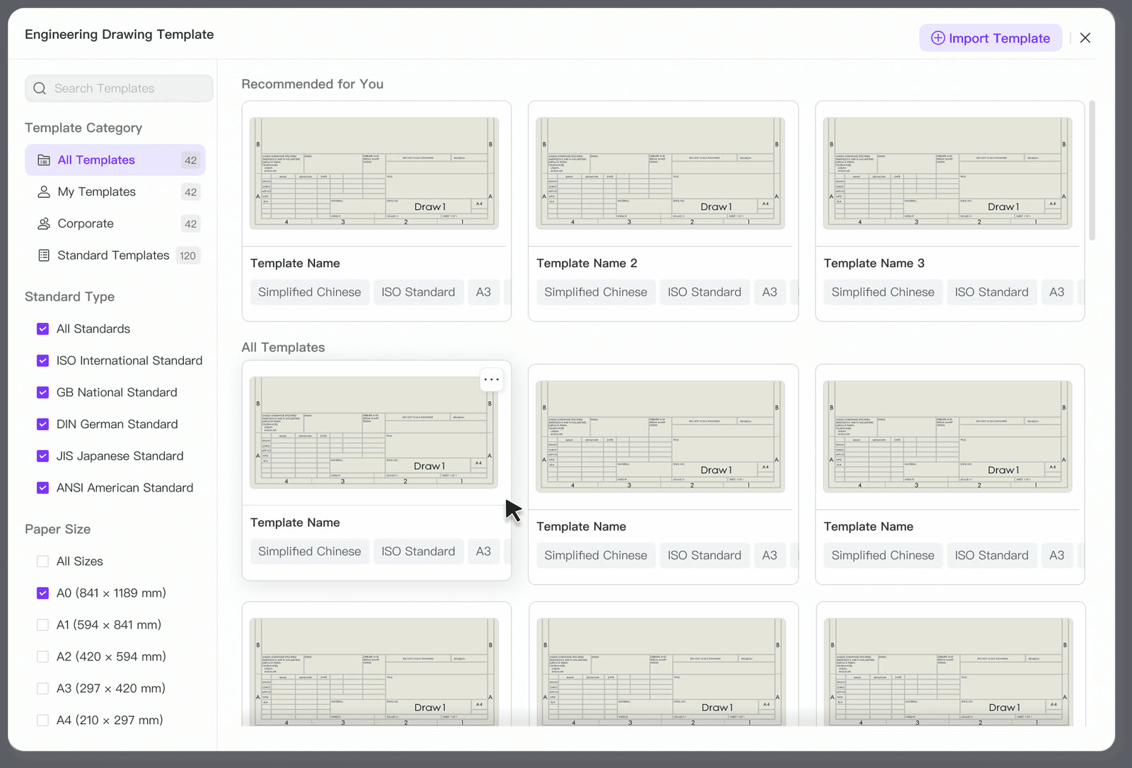 The rebuilt Engineering Drawing Template library: filter sidebar with category, standard type (ISO, GB, DIN, JIS, ANSI), and paper sizes, next to recommended and attribute-tagged template cards