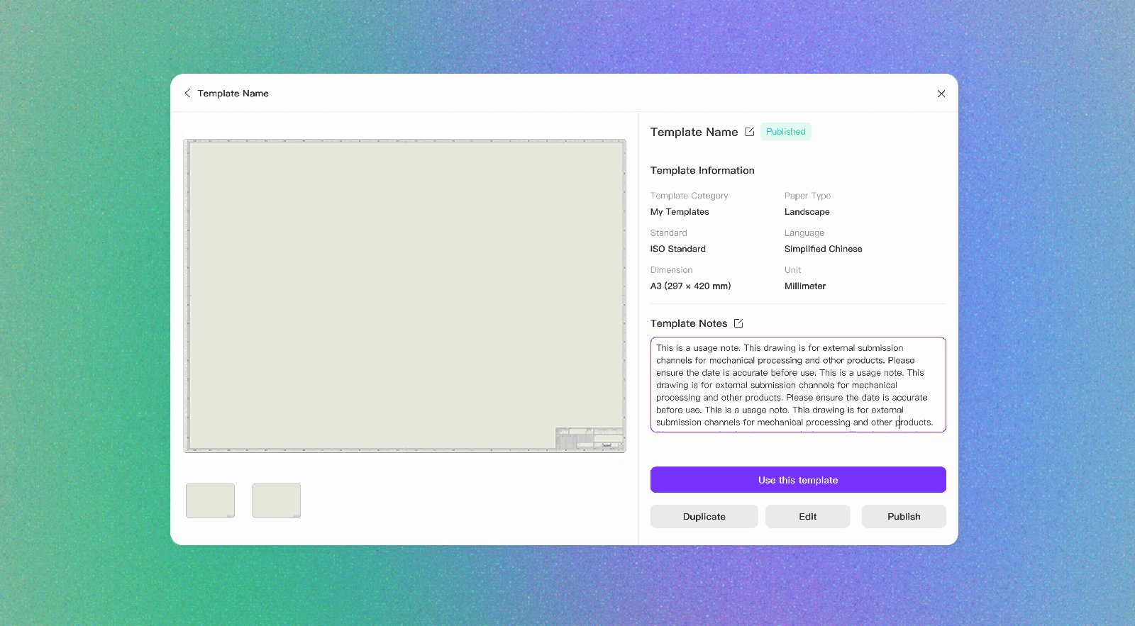 Template detail view in Zixel CAD showing category, standard, dimension, and language metadata with a live preview