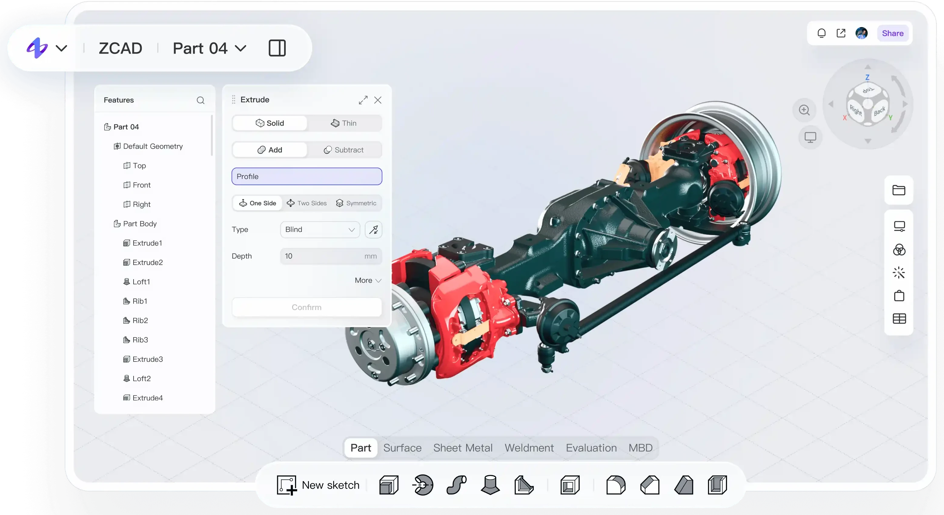 Zixel CAD part-modeling workspace — a truck axle assembly open in the 3D viewport with the Extrude panel and feature tree